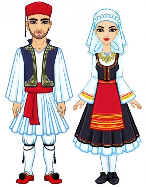 Animasyon antik Yunan giysili bir aile portresi. Tam büyüme. Beyaz bir arka plan üzerinde izole vektör çizim.