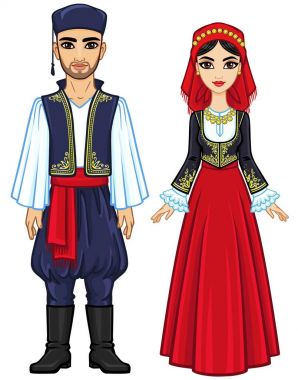 Animasyon antik Yunan giysili bir aile portresi. Tam büyüme. Beyaz bir arka plan üzerinde izole vektör çizim.