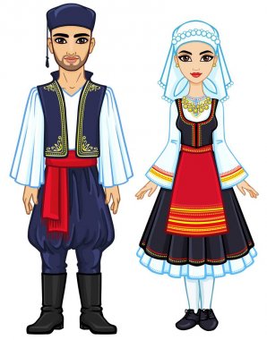 Animasyon antik Yunan giysili bir aile portresi. Tam büyüme. Beyaz bir arka plan üzerinde izole vektör çizim.