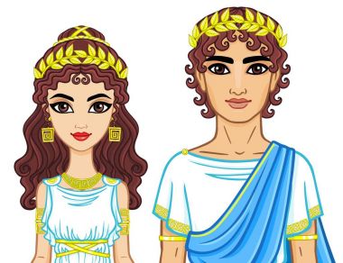 Animasyon antik Yunan giysili bir aile portresi. Beyaz bir arka plan üzerinde izole vektör çizim.