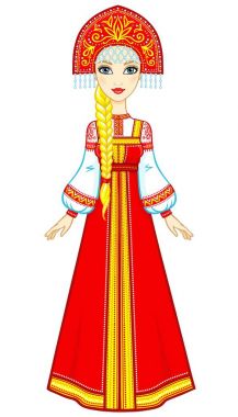 Portrait of a beautiful girl in an ancient Russian dress. Sundress, kokoshnik. Full growth. Vector illustration isolated on a white background.
