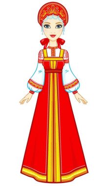 Animasyon eski bir Rus elbiseli güzel kız portresi. Sundress, kokoshnik. Tam büyüme. Beyaz bir arka plan üzerinde izole vektör çizim.