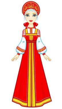 Animation portrait of the beautiful girl in an ancient Russian dress. Sundress, kokoshnik. Full growth. Vector illustration isolated on a white background. clipart