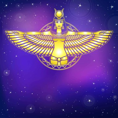 Antik Mısır portresi animasyon Tanrıça kanatlı. Altın taklidi. Arka plan - gece yıldız gökyüzünde. Vektör çizim.