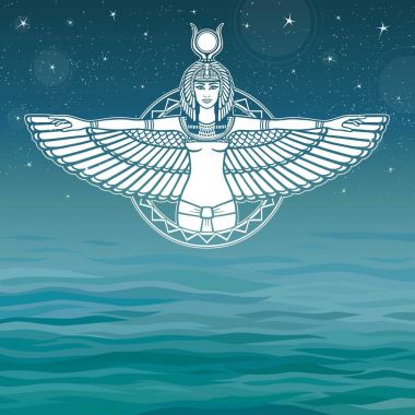 Antik Mısır portresi animasyon Tanrıça kanatlı. Arka plan - deniz, gece yıldız gökyüzünde. Metin için yer. Vektör çizim.