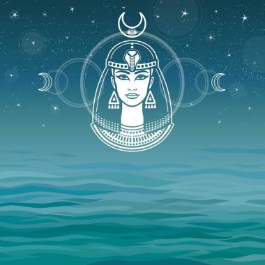 Animation portrait of the ancient Egyptian winged goddess. Background - the sea, the night stellar sky. The place for the text. Vector illustration. clipart