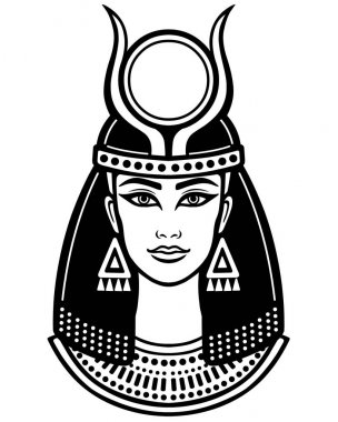 Antik Mısır boynuzlu Tanrıça animasyon portresi. Beyaz bir arka plan üzerinde izole doğrusal çizim. Vektör çizim.