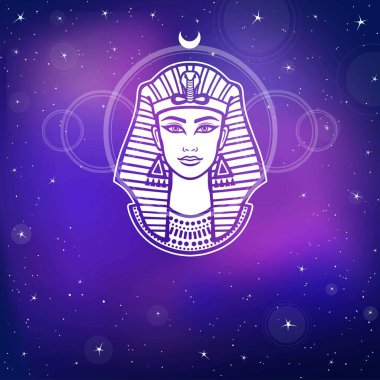Animasyon güzel Mısır kadın portresi. Arka plan - gece yıldız gökyüzünde. Mistik semboller. Vektör çizim.