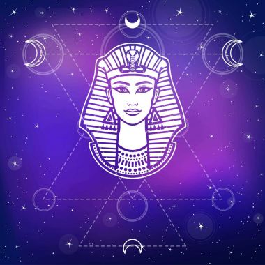 Animation portrait of the beautiful Egyptian woman. Background - the night stellar sky. Mystical symbols. Sacred geometry. Vector illustration.  clipart