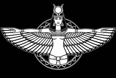 Antik Mısır portresi animasyon Tanrıça kanatlı. İzole bir siyah arka plan üzerine beyaz çizim. Vektör çizim.