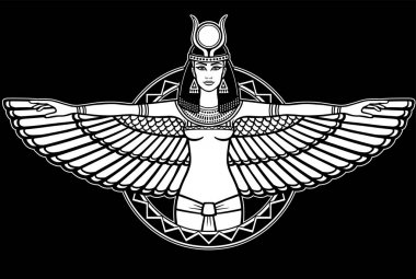 Animation portrait of the ancient Egyptian winged goddess. The white drawing isolated on a black background. Vector illustration. clipart