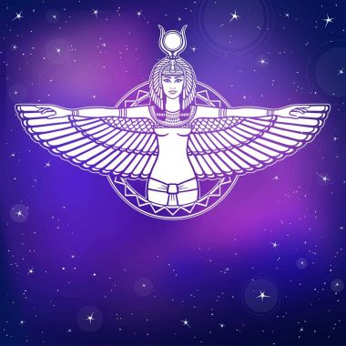 Antik Mısır portresi animasyon Tanrıça kanatlı. Arka plan - gece yıldız gökyüzünde. Vektör çizim.