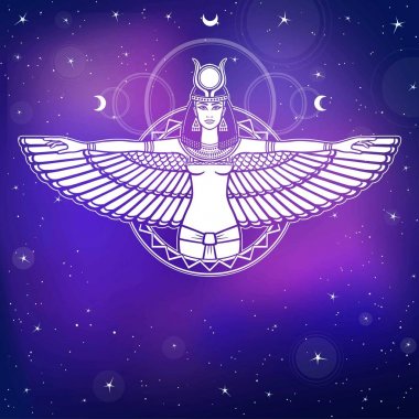 Antik Mısır portresi animasyon Tanrıça kanatlı. Arka plan - gece yıldız gökyüzünde. Vektör çizim.