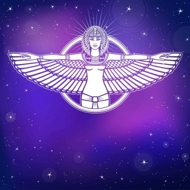 Antik Mısır portresi animasyon Tanrıça kanatlı. Arka plan - gece yıldız gökyüzünde. Vektör çizim.