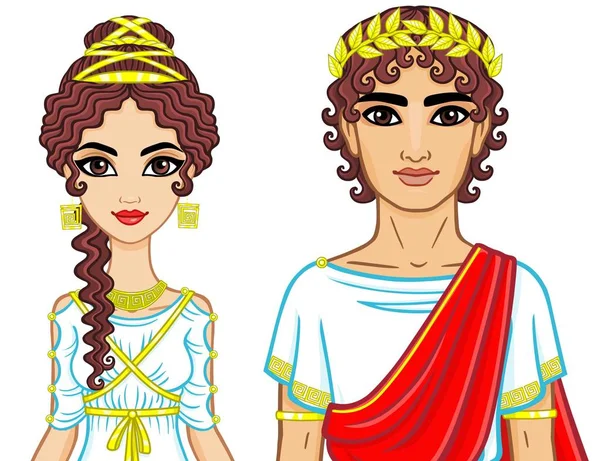 Retrato de animación de una familia vestida de la antigua Grecia. La ilustración vectorial aislada sobre un fondo blanco . — Vector de stock