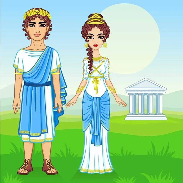 Animationsporträt einer Familie in altgriechischer Kleidung. Hintergrund - das Bergtal, der antike Tempel. Vektorillustration. — Stockvektor