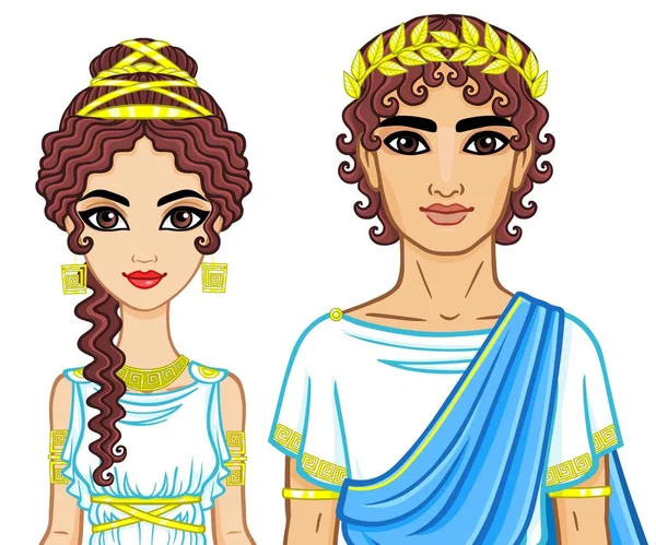 Animaci portrét rodiny v šatech ze starověkého Řecka. Vektorové ilustrace izolované na bílém pozadí. — Stockový vektor