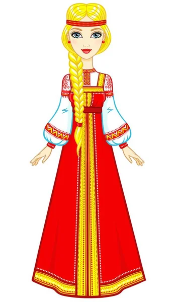 Portret van de animatie van het mooie meisje in een oude Russische jurk. Volle groei. Vectorillustratie geïsoleerd op een witte achtergrond. — Stockvector