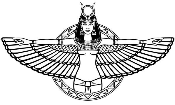 Анимационный портрет древнеегипетской крылатой богини. Линейный рисунок выделен на белом фоне. Векторная иллюстрация, используется для раскраски книги
.