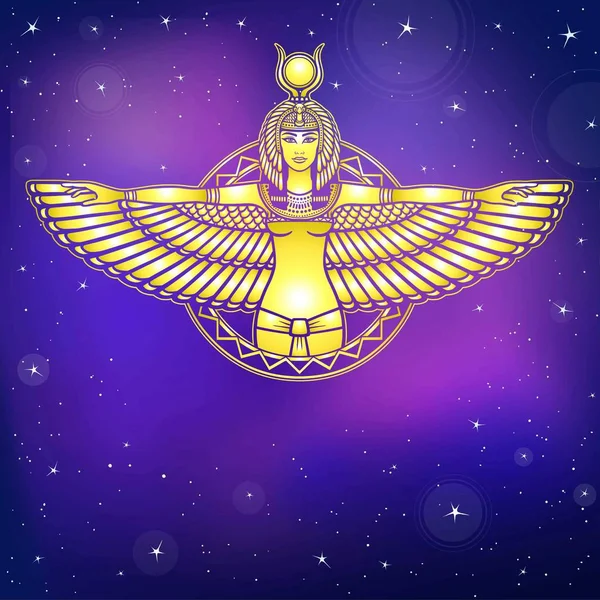 Antik Mısır portresi animasyon Tanrıça kanatlı. Altın taklidi. Arka plan - gece yıldız gökyüzünde. Vektör çizim.