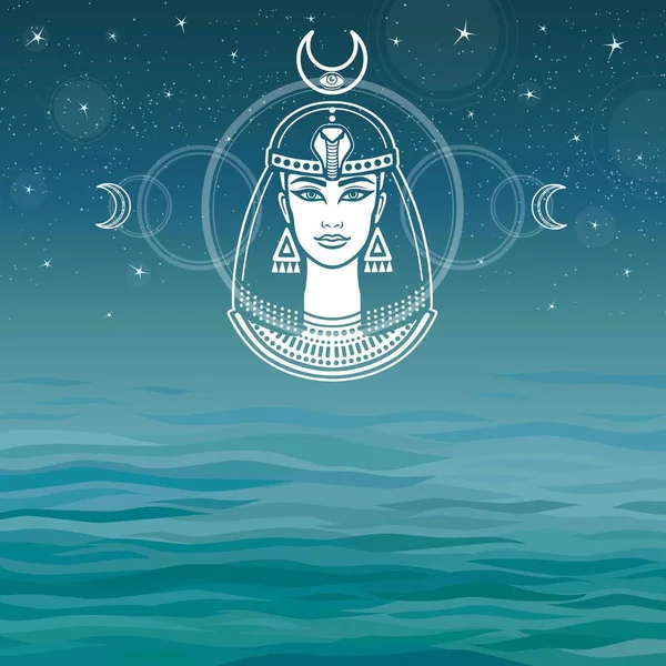 Animation portrait of the ancient Egyptian winged goddess. Background - the sea, the night stellar sky. The place for the text. Vector illustration. — Stock Vector