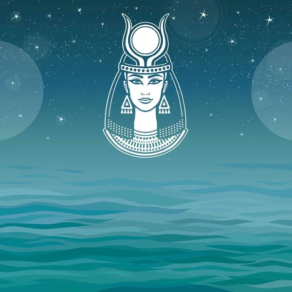 Animation portrait of the ancient Egyptian winged goddess. Background - the sea, the night stellar sky. The place for the text. Vector illustration. — Stock Vector