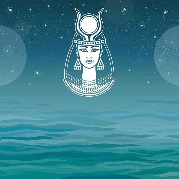 Анимационный портрет древнеегипетской крылатой богини. Фон - море, ночное звездное небо. Место для смс. Векторная иллюстрация
.