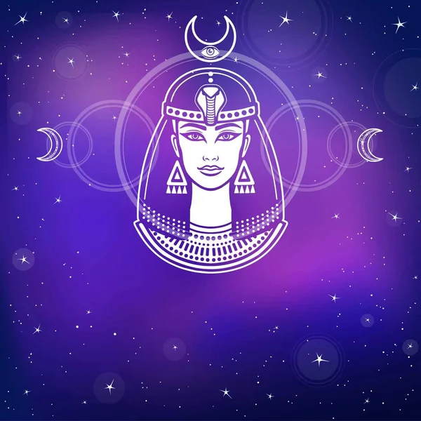 Portret van de animatie van de prachtige Egyptische vrouw. Achtergrond - de stellaire nachthemel. Mystieke symbolen. Vectorillustratie. — Stockvector