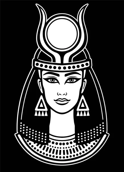 Retrato de animação da antiga deusa egípcia com chifres. O desenho branco isolado em um fundo preto. Ilustração vetorial . — Vetor de Stock