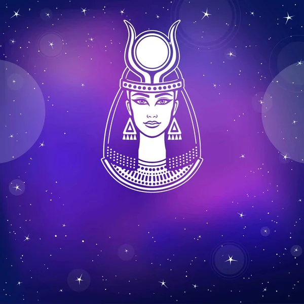 Ritratto di animazione dell'antica dea egizia dalle corna. Lo sfondo - il cielo stellare di notte. Illustrazione vettoriale . — Vettoriale Stock