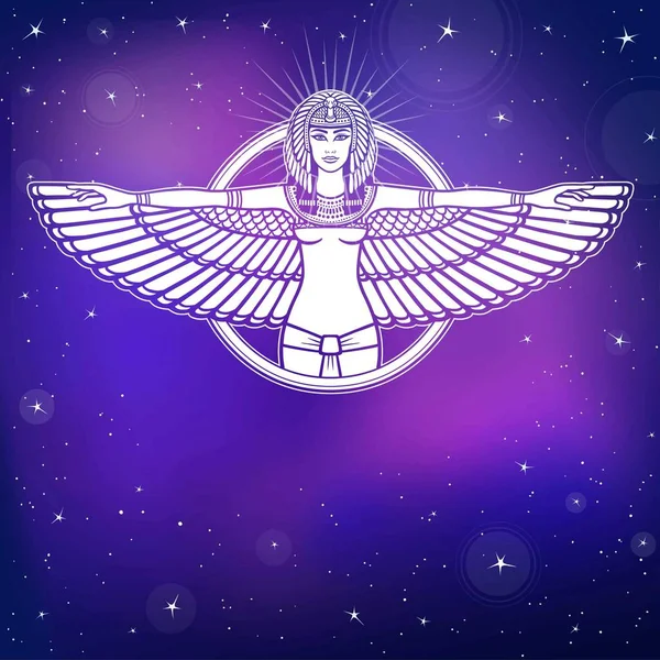 Retrato de animación de la antigua diosa alada egipcia. Fondo - el cielo estelar de la noche. Ilustración vectorial . — Vector de stock