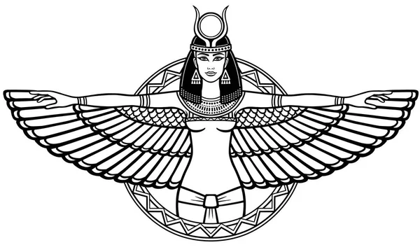 Potret animasi dewi bersayap Mesir kuno. Gambar linier terisolasi pada latar belakang putih. Vektor ilustrasi, akan digunakan untuk buku mewarnai . Stok Ilustrasi Bebas Royalti