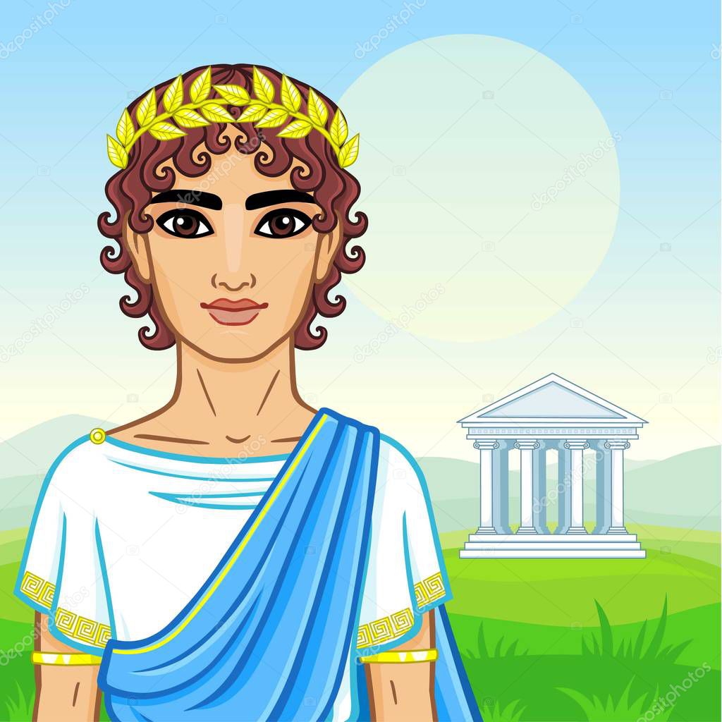 Animation portrait of the young man in traditional clothes of Ancient Greece. A background - a mountain landscape, the antique temple. Vector illustration.
