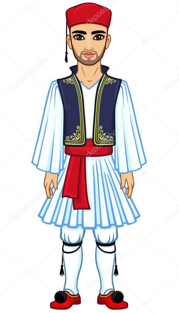 Animation portrait of the young man in  ancient Greek suit. Full growth. The vector illustration isolated on a white background.