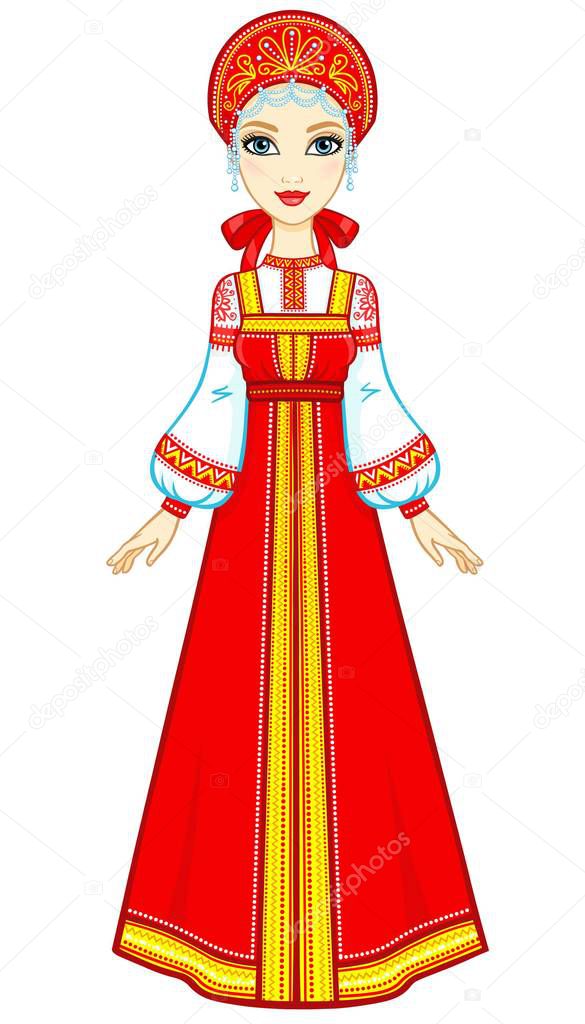Animation portrait of the beautiful girl in an ancient Russian dress. Sundress, kokoshnik. Full growth. Vector illustration isolated on a white background.
