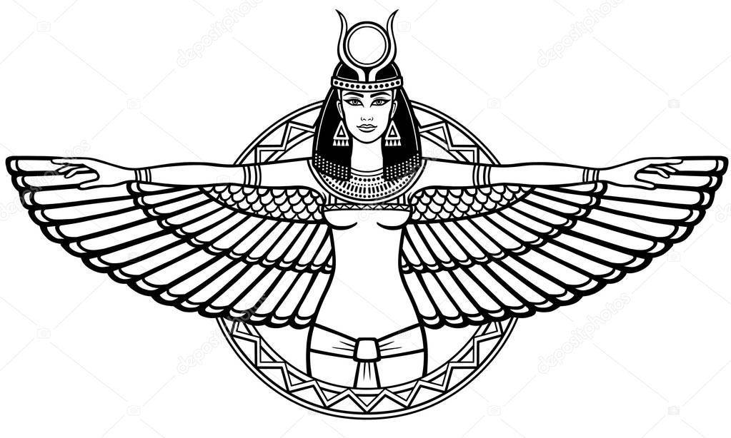 Animation portrait of the ancient Egyptian winged goddess. The linear drawing isolated on a white background. Vector illustration, be used for coloring book.