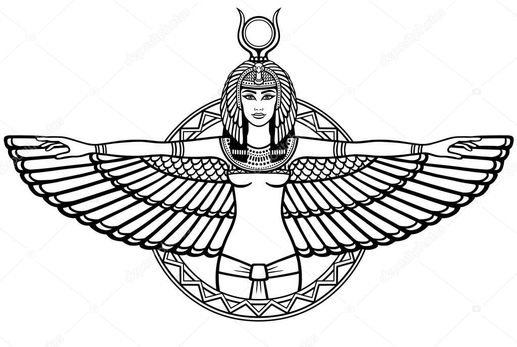 Animation portrait of the ancient Egyptian winged goddess. The linear drawing isolated on a white background. Vector illustration, be used for coloring book.