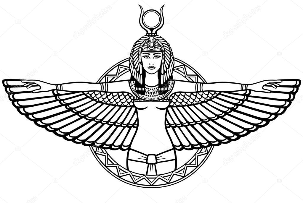 Animation portrait of the ancient Egyptian winged goddess. The linear drawing isolated on a white background. Vector illustration, be used for coloring book.