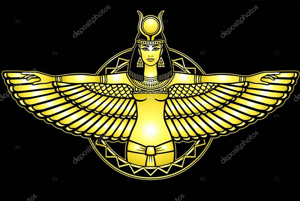 Animation portrait of the ancient Egyptian winged goddess.  Yellow drawing isolated on a black background. Gold imitation. Vector illustration. Print, poster, t-shirt, card.