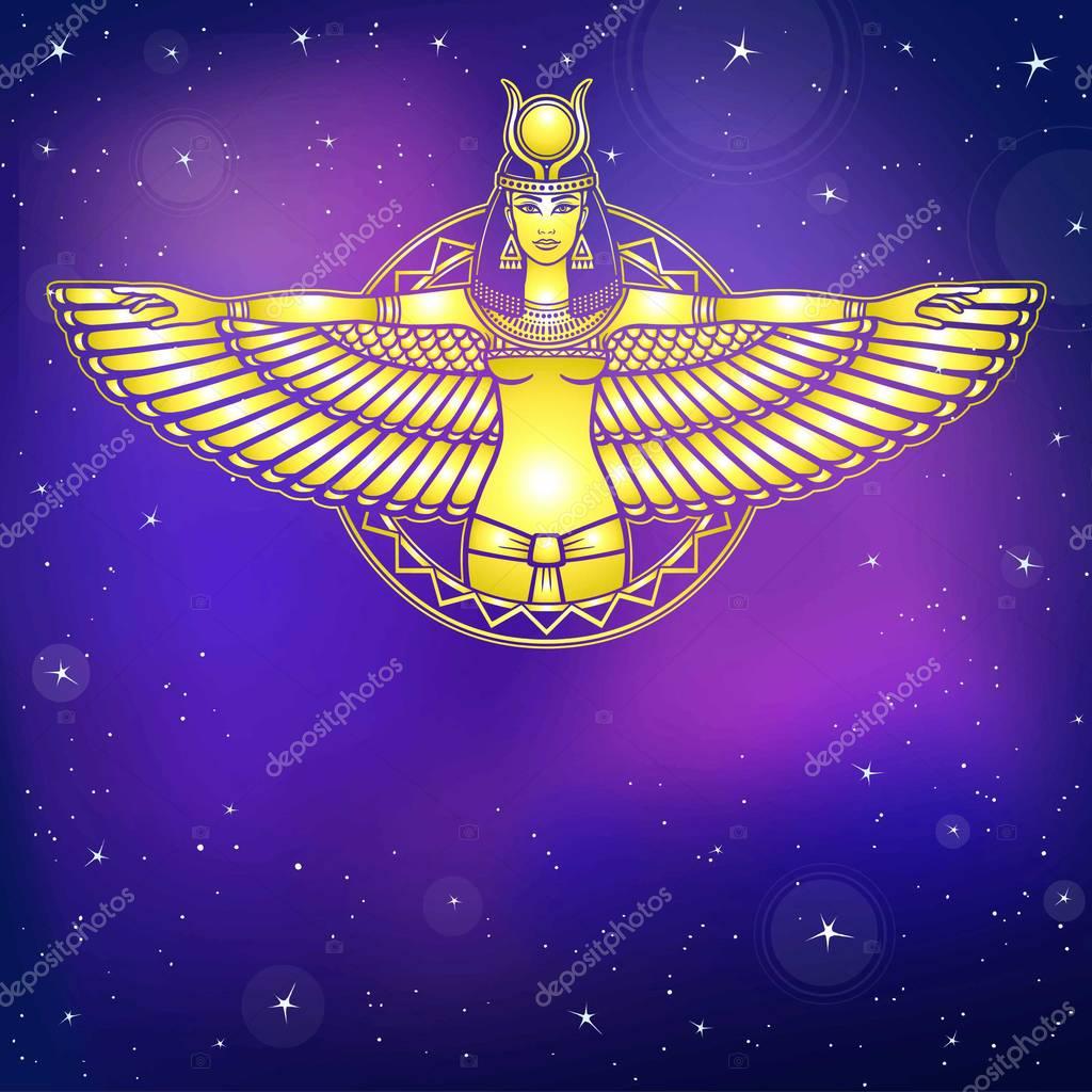 Animation portrait of the ancient Egyptian winged goddess. Gold imitation. Background - the night stellar sky. Vector illustration.