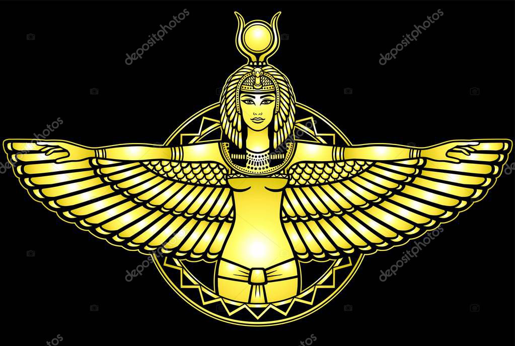 Animation portrait of the ancient Egyptian winged goddess.  Yellow drawing isolated on a black background. Gold imitation. Vector illustration. Print, poster, t-shirt, card.
