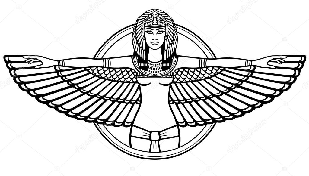 Animation portrait of the ancient Egyptian winged goddess. The linear drawing isolated on a white background. Vector illustration, be used for coloring book.