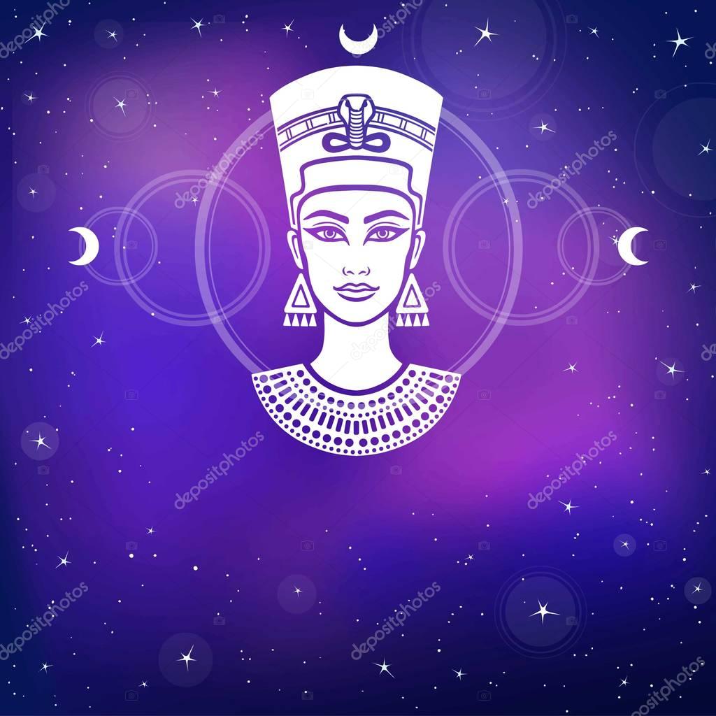 Animation portrait of the beautiful Egyptian woman. Background - the night stellar sky. Mystical symbols. Sacred geometry. Vector illustration.
