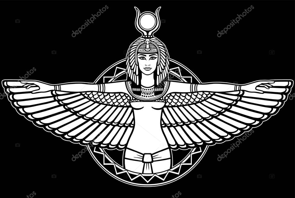 Animation portrait of the ancient Egyptian winged goddess. The white drawing isolated on a black background. Vector illustration.