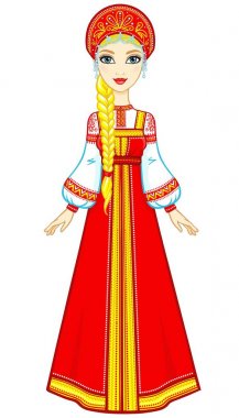 Eski giysileri Rus kızı animasyon portresi. Sundress, kokoshnik. Tam büyüme. Beyaz bir arka plan üzerinde izole vektör çizim.