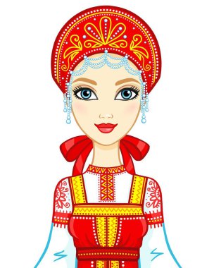 Animasyon eski bir Rus elbiseli güzel kız portresi. Sundress, kokoshnik. Beyaz bir arka plan üzerinde izole vektör çizim.