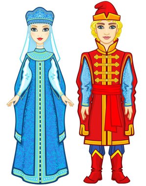 Animasyon eski Rus giysili bir aile portresi. Masal karakteri. Tam büyüme. Beyaz bir arka plan üzerinde izole vektör çizim.