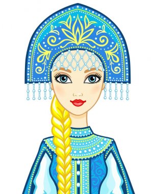 Animation portrait of the Russian princess in ancient clothes.  Snow Maiden, Vasilisa, character of the fairy tale. Vector illustration isolated on a white background. clipart