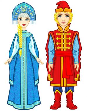 Animasyon eski Rus giysili bir aile portresi. Masal karakteri. Tam büyüme. Beyaz bir arka plan üzerinde izole vektör çizim.