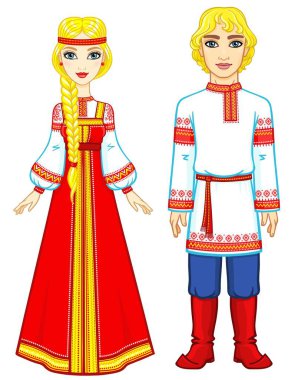 Eski Rus giysili bir aile portresi. Masal karakteri. Tam büyüme. Beyaz bir arka plan üzerinde izole vektör çizim.